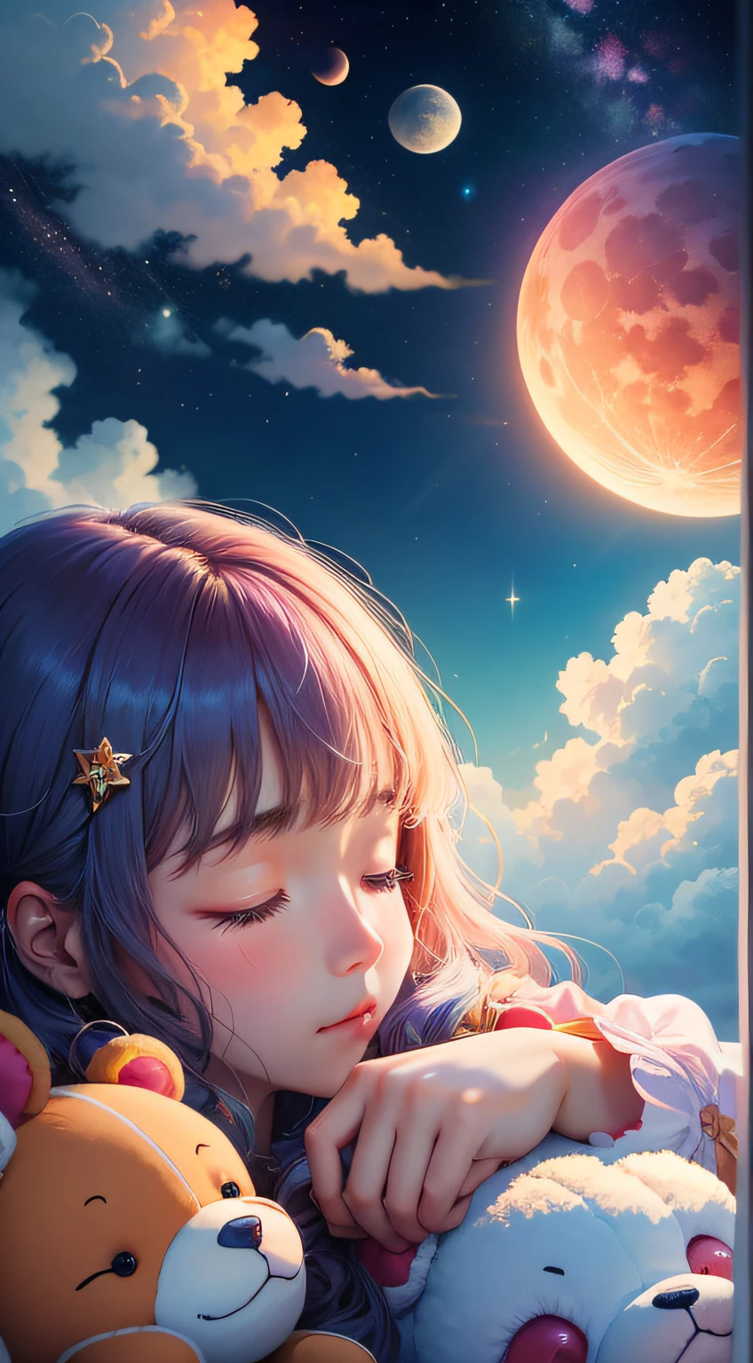 colorful、on clouds、kosmos、Big Moon、realistic、The girl is sleeping、Only one stuffed animal、超A high resolution