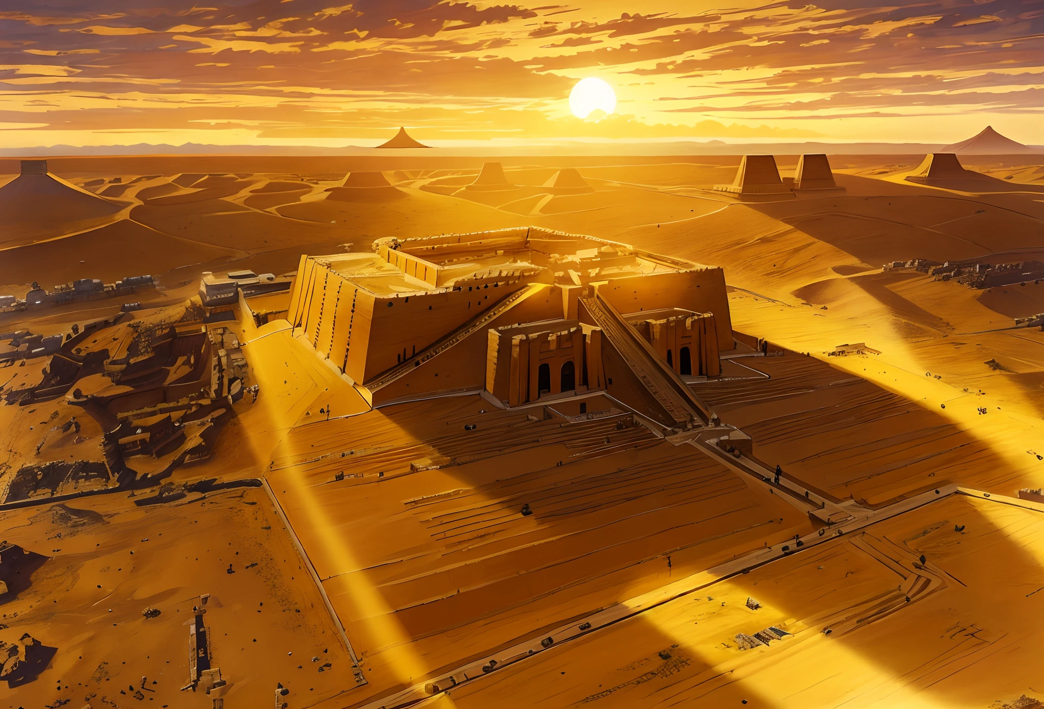 The Great Ziggurat of Ur at dawn, its massive terraces and staircases bathed in the soft, golden light of the rising sun. A sense of ancient grandeur and mystique surrounds this iconic Mesopotamian monument. Majestic structure, timeless aura, monumental scale, dawn's golden glow, historical wonder, anime realism, perfect illustration