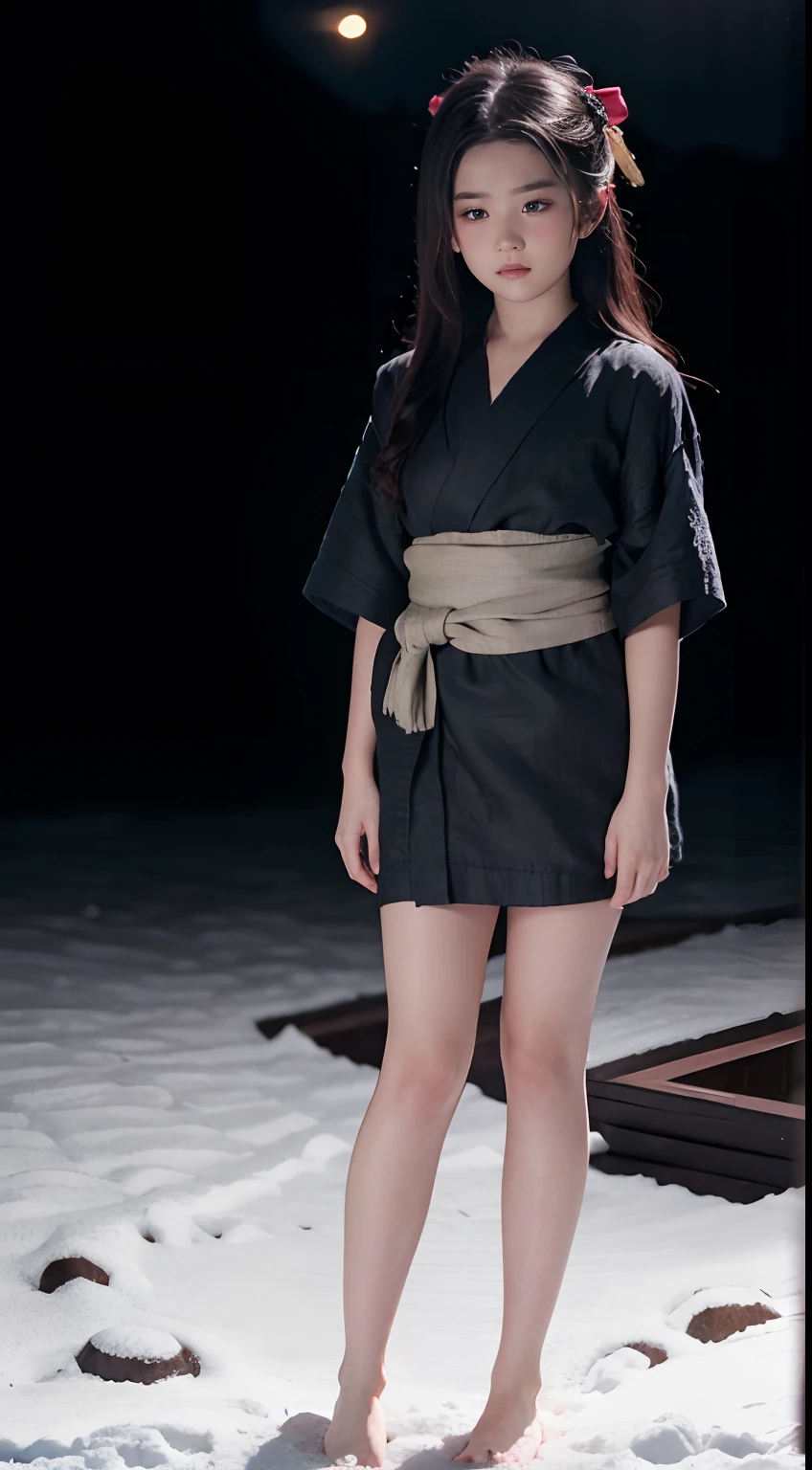 ((Best quality, 8K, Masterpiece :1.3)), Sharp focus:1.2 , Photorealsitic,(Cinematic lighting),Facial detail texture. Eye details. Double eyelids, Slender body. Super small breasts, 12-year-old girl, photo-realistic:1.37,Perfect eyes, ((1 Girl in a black yukata)),(white sash),(Ultra-thin fabric),((Ragged linen)),With a petite figure,brunette color hair,Long hair draped loosely,Qi bangs,Stand in the snow,The barefoot,Full body like,short- sleeved,short skirt,Exposing thighs,folds,((solid color backdrop)),is shy,Be red in the face