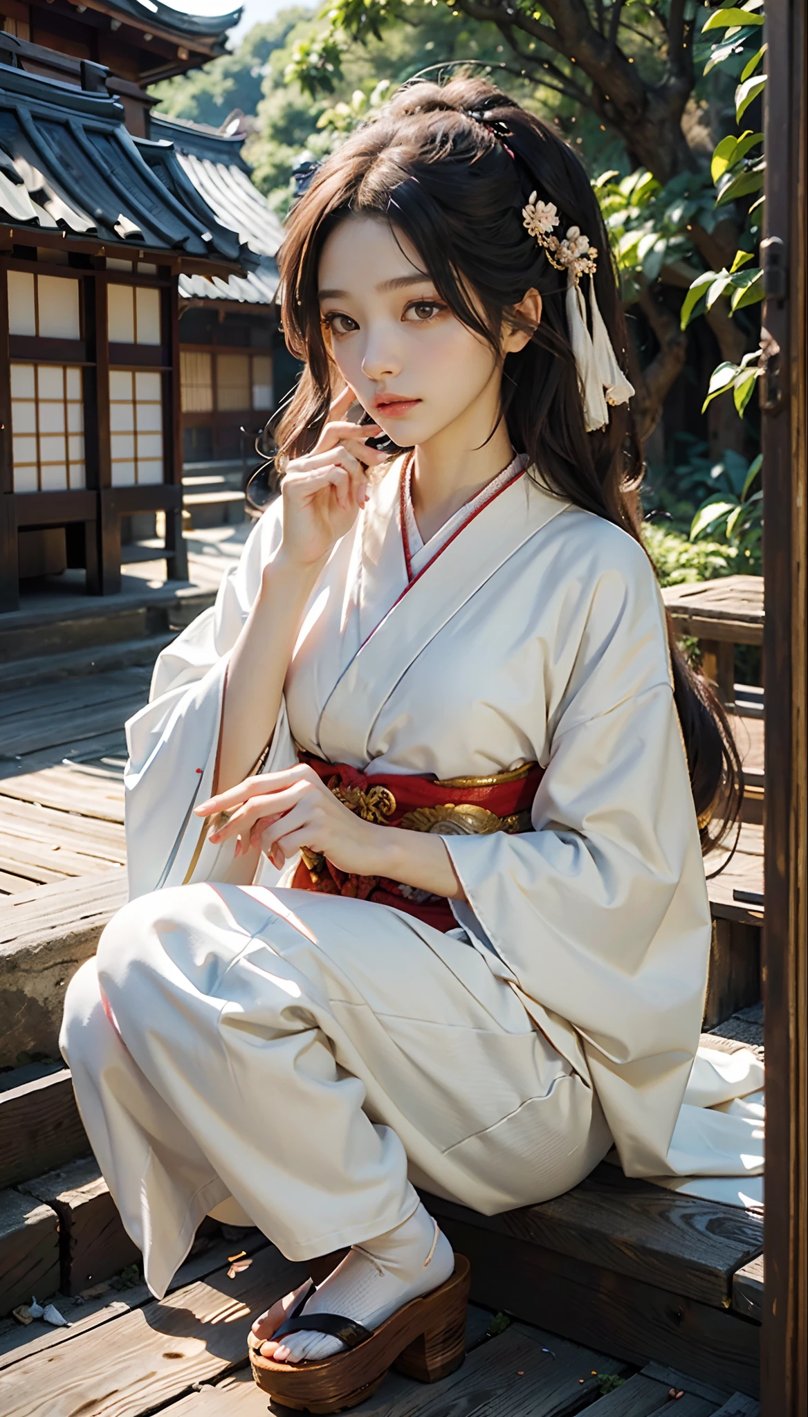 meticulous portrayal of face,1 noblewoman,(Hairpins),(Camellia kimono),(Long flowing colored hair),Simple and elegant Japanese clothing,Collar,(black sock+,clogs), s the perfect face, perfect hand, Perfect Finger, Perfect lips, perfect eyes,Extremely normal body,Ancient Japanese town background,Perfect background