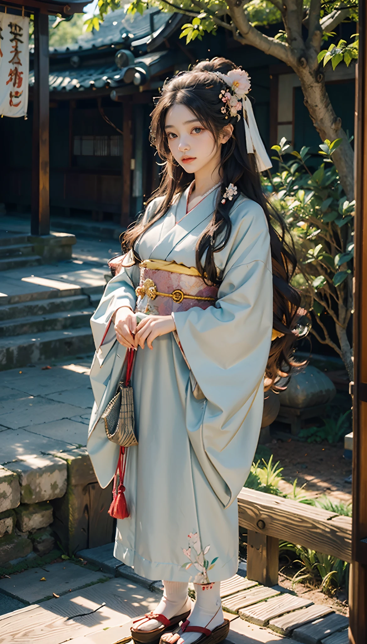 meticulous portrayal of face,1 noblewoman,(Hairpins),(Camellia kimono),(Long flowing colored hair),Simple and elegant Japanese clothing,Collar,(black sock+,clogs), s the perfect face, perfect hand, Perfect Finger, Perfect lips, perfect eyes,Extremely normal body,Ancient Japanese town background,Perfect background