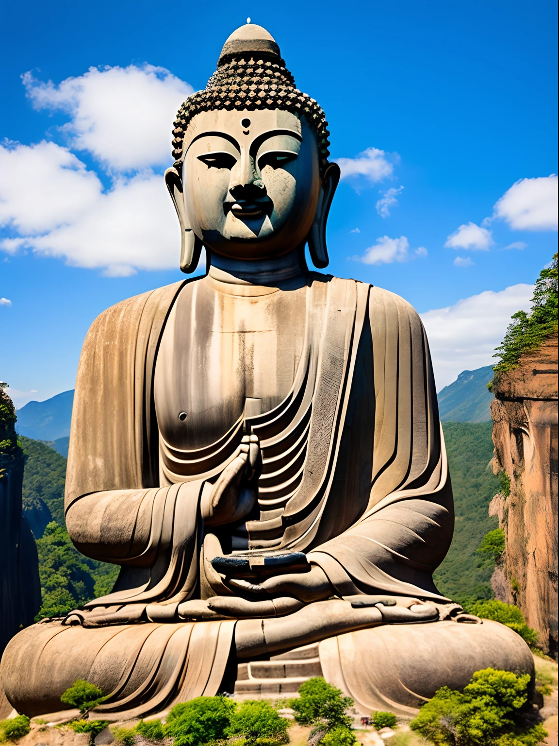 Giant weathered buddha statue by a rock cliff, grandiose, blue sky, view from air