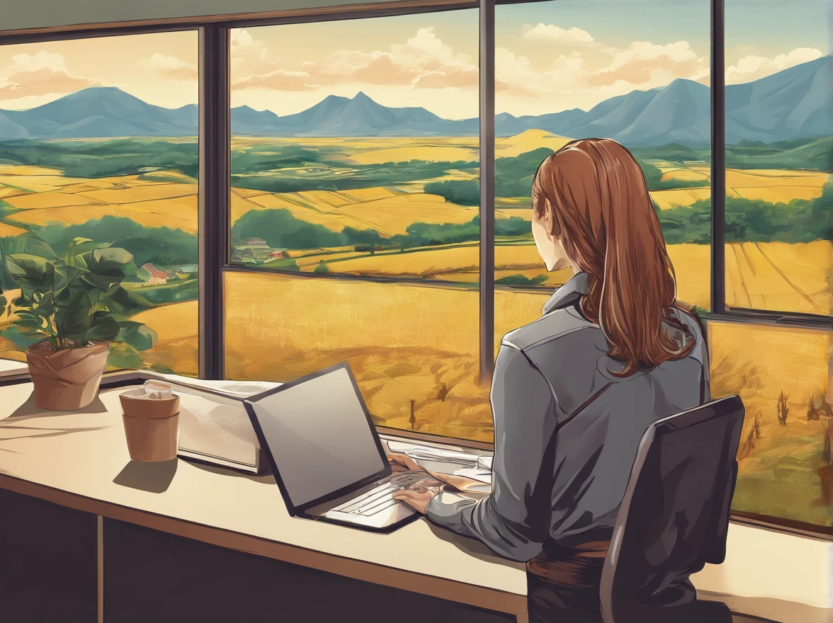 Westerner using laptop in office overlooking Japan countryside、Photorealsitic
