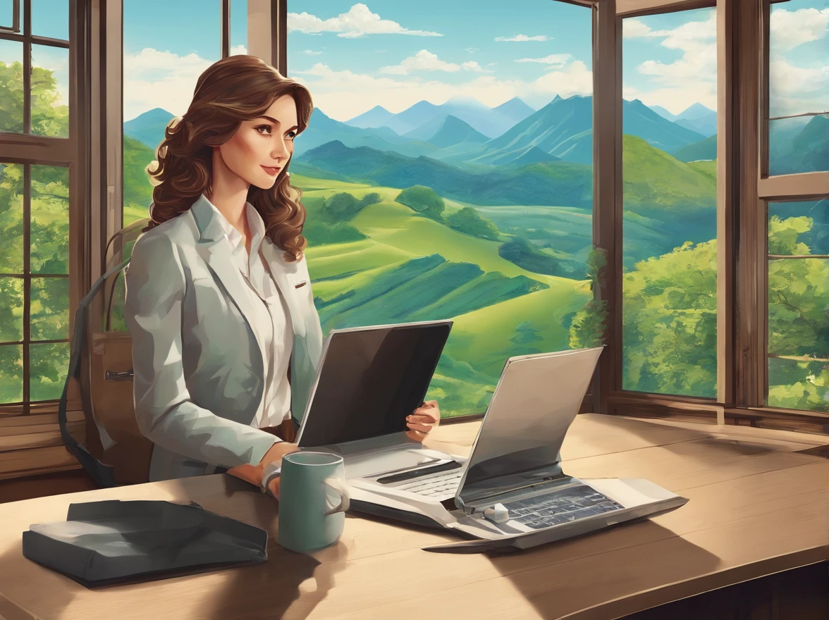 Westerner using laptop in office overlooking Japan countryside、Photorealsitic