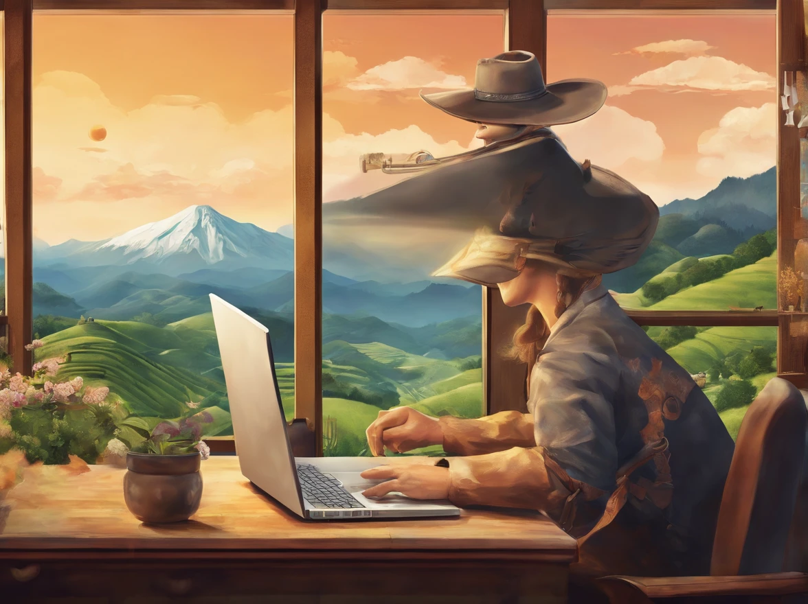 Westerner using laptop in office overlooking Japan countryside、Photorealsitic
