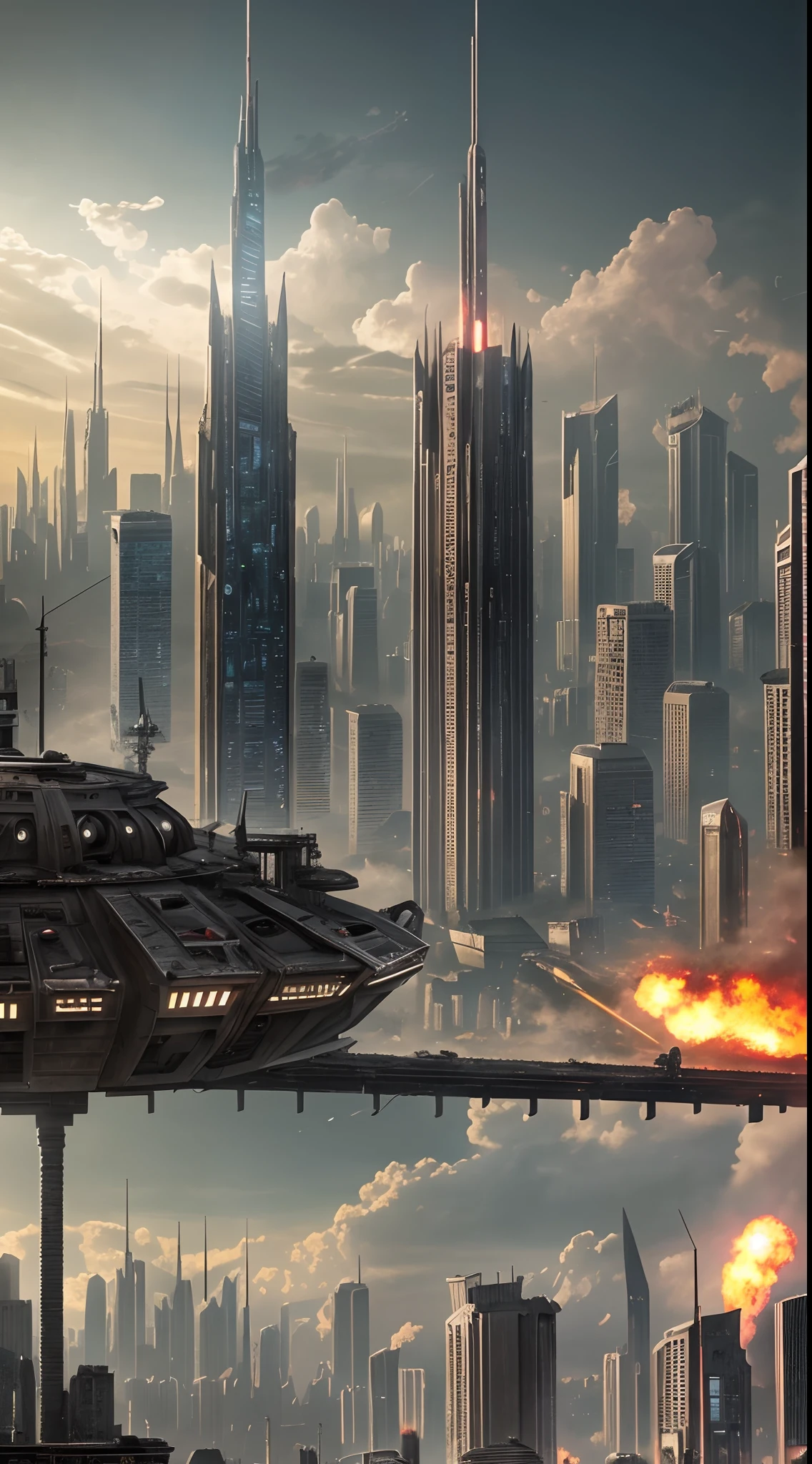 High quality, 4k, film Aliens, Alien is preparing to hunt for skulls, gloomy colors of the picture, metropolis, High quality movie, above the sky there is a very large alien monster with high detail and advanced technology in the context of a post-apocalyptic city, in the distance there are 8 other alien monsters are shooting each other with laser guns with soldiers, gloomy colors of the scene. images, ruined urban areas, ruined houses, 8K photo quality, intricate details, depth of field,