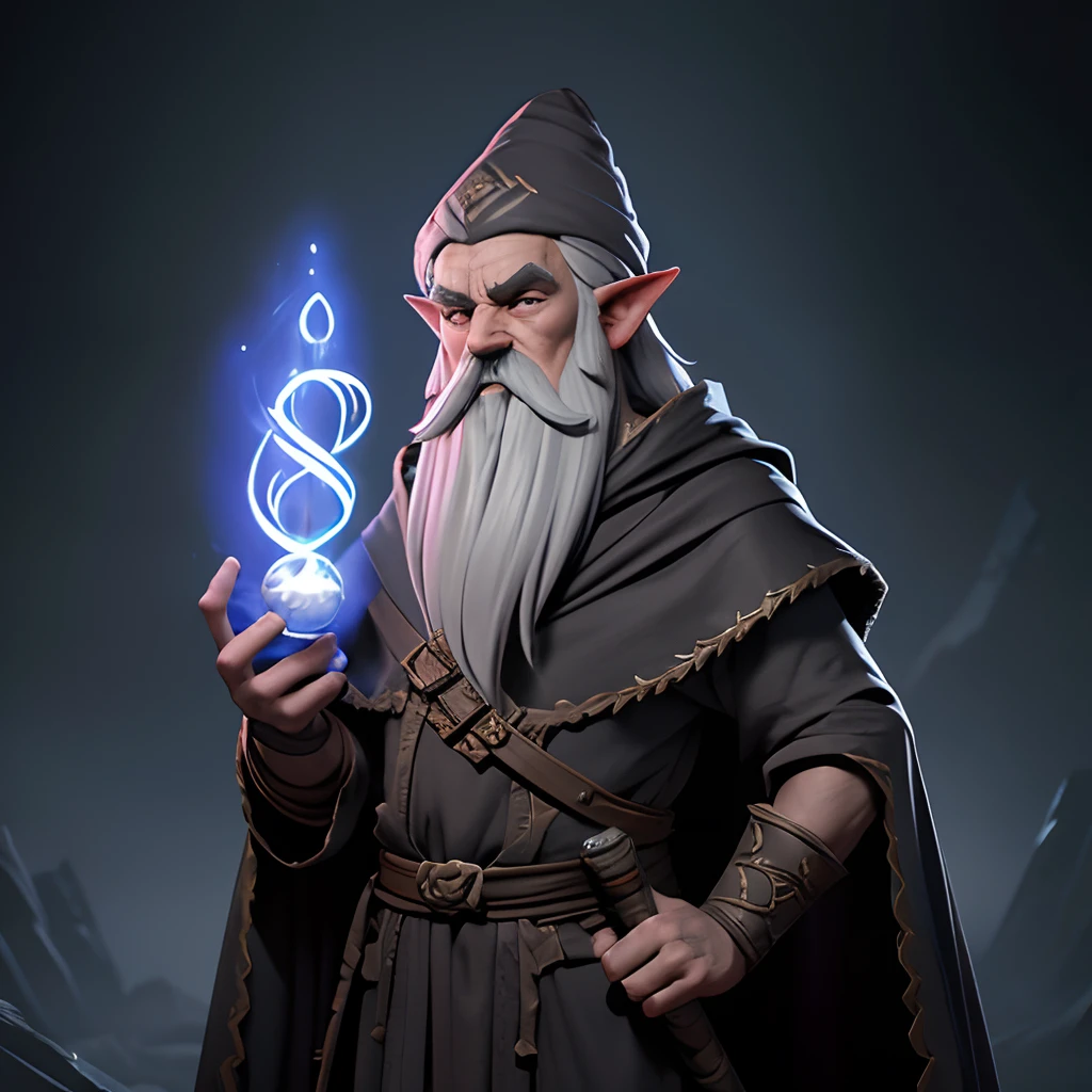 Concept art of an ancient Gnome male mage, clad in dirty robes that whisper secrets of forgotten spells. His face is etched with wrinkles, gray hair stringy and greasy, hinting at centuries spent honing his arcane craft. He wields a magical staff adorned with runes and orbs of power, exuding an otherworldly aura that chills the blood. The overall atmosphere is grim and foreboding, style of Apterus, haunting illustrations,
extremely high-resolution details, photographic, realism pushed to extreme, fine texture, 4k, ultra-detailed, high quality, high contrast,