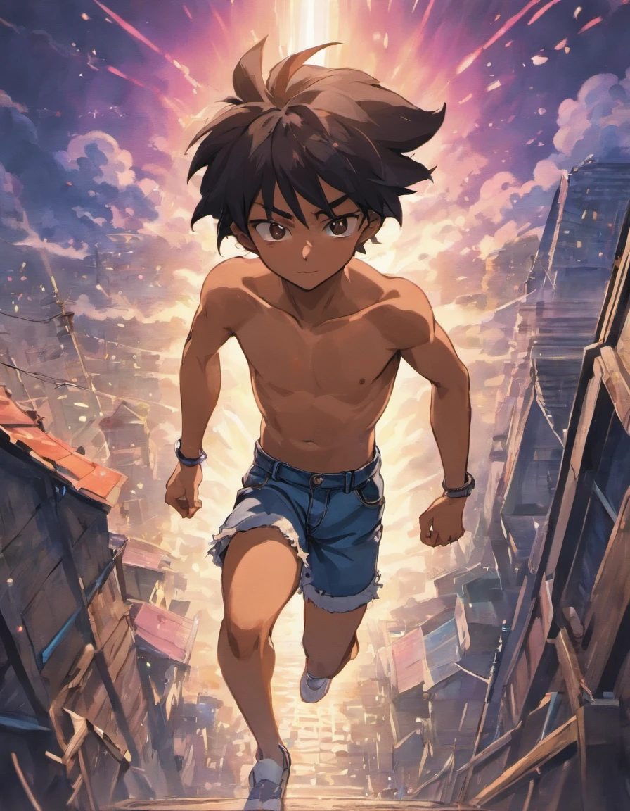 (best quality,highres,ultra-detailed),a 20-year-old boy, with dark skin, wearing denim shorts and no shirt, running on the clouds that he creates beneath his feet. He is seen from a side profile, and below him is a favela with houses piled up.,illustratio, realistic, vibrant colors, dreamy lighting