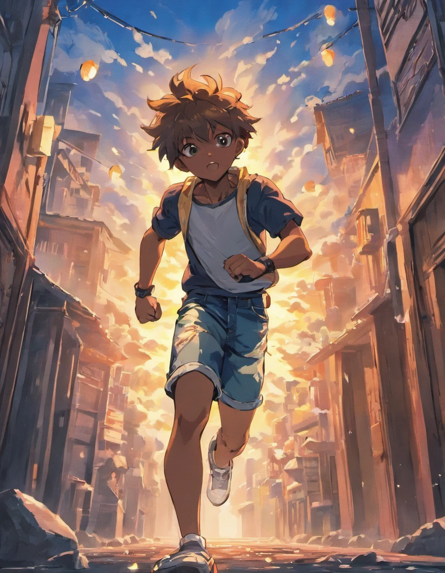 (best quality,highres,ultra-detailed),a 20-year-old boy, with dark skin, wearing denim shorts and no shirt, running on the clouds that he creates beneath his feet. He is seen from a side profile, and below him is a favela with houses piled up.,illustratio, realistic, vibrant colors, dreamy lighting