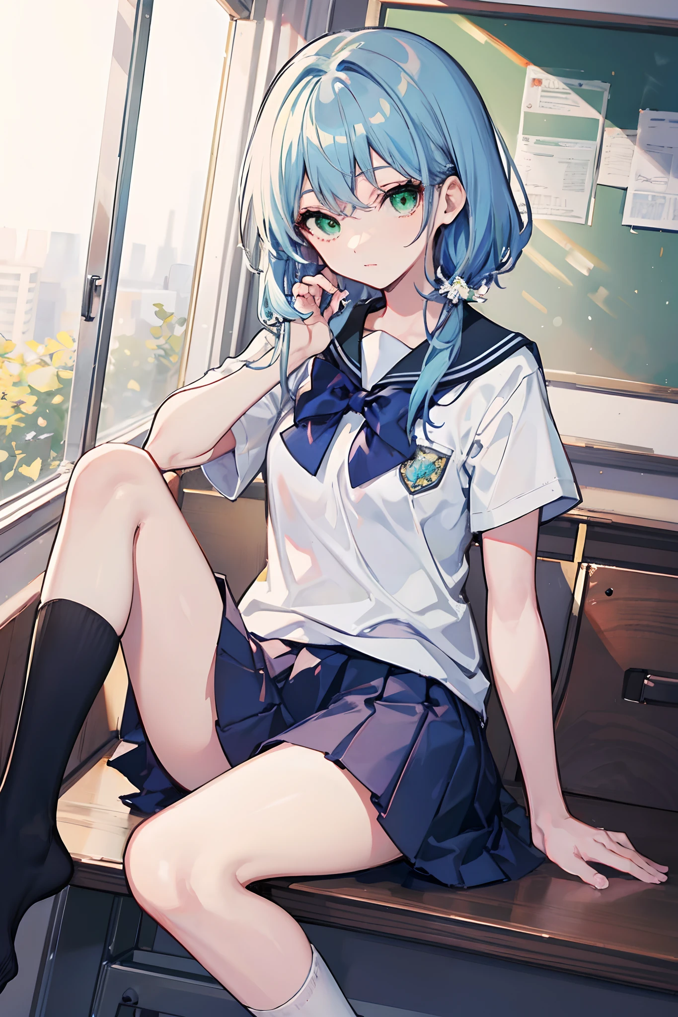 Masterpiece, Best quality, a beauty girl, hair over shoulders, Light blue hair, Green eyes, school uniform, Socks,