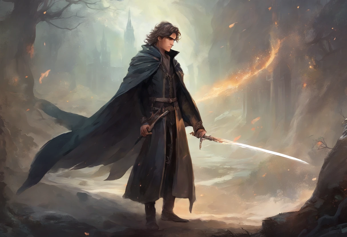 Young man with a sword, Strong, Height 1.60, Age 17 years, Victorian trench coat, Torn black cloak, medium gray hair with white streaks, Dark clothes