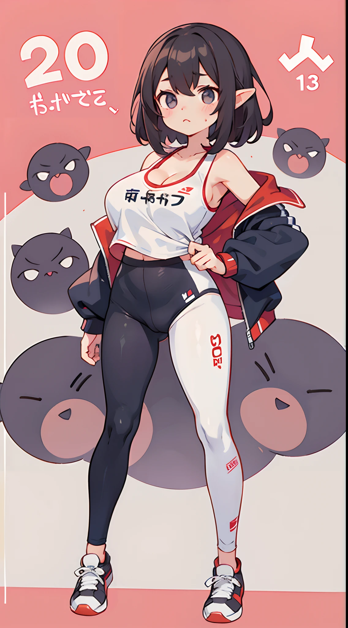 number art、Dark Elves、Sportswear，athletic sneakers，Sports tights，Yuruchara style、Large breasts，Off-the-shoulder attire，nabel，Big breasts Thin waist，cleavage，Raised sexy，Be red in the face