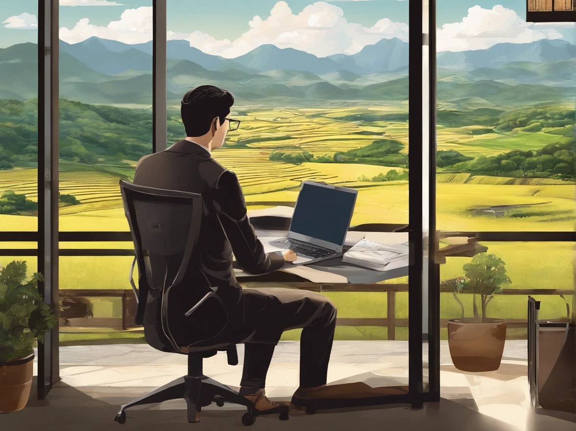 Westerner using laptop in office overlooking Japan countryside、Photorealsitic