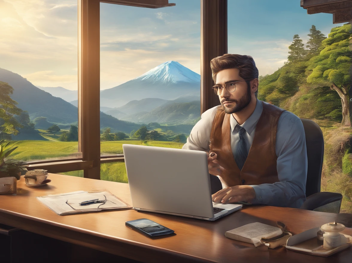 Westerner using laptop in office overlooking Japan countryside、Photorealsitic