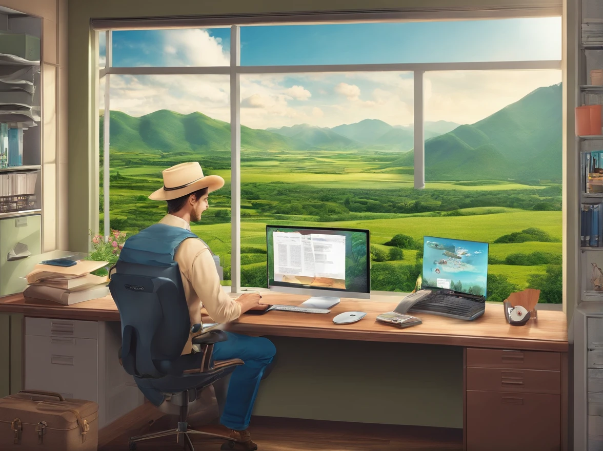 Westerner using laptop in office overlooking Japan countryside、Photorealsitic