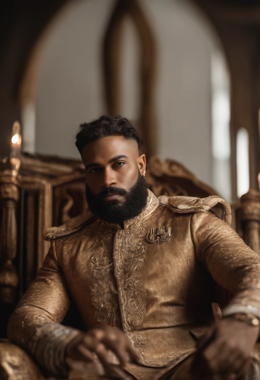 brown skinned King,physically well built, sitting on throne,crown,short beard,bald,business atire