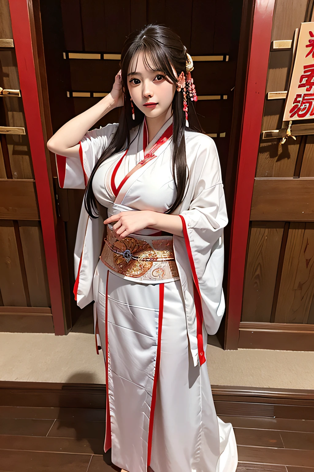 1girl, in photoshoot, posing as wuxia, sexy pose, full body, wearing wuxia clothes, traditional Chinese clothes, 8k, RAW photo, best quality, masterpiece,realistic, photo-realistic, big tits, show cleavage,