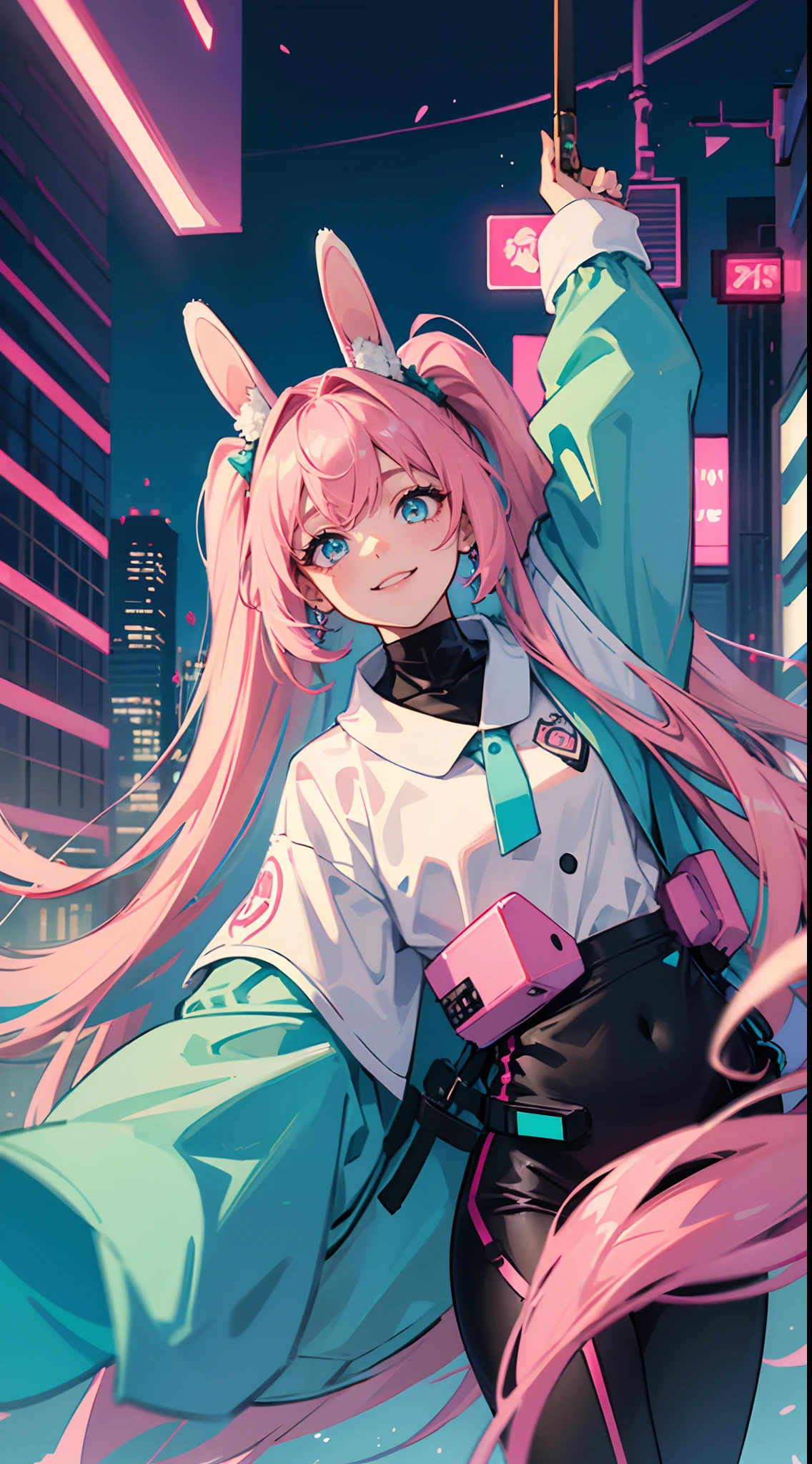1 girl, long hair, long bangs, pink and turquoise hair, hidden hairstyle, white bunny ears, black suit, city life, turquoise eyes, light smile, cyber world