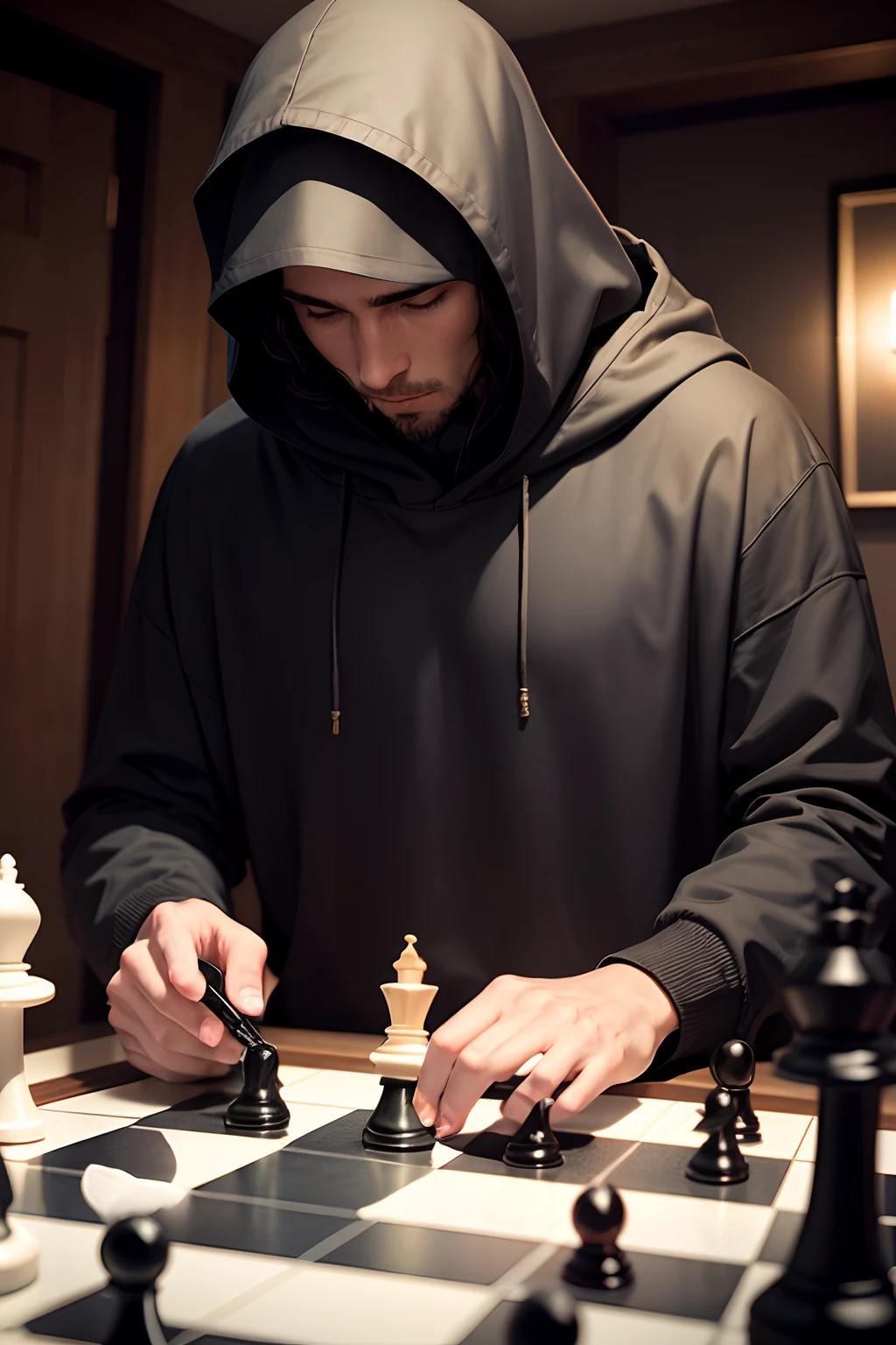 faceless hooded man making move on a chessboard
