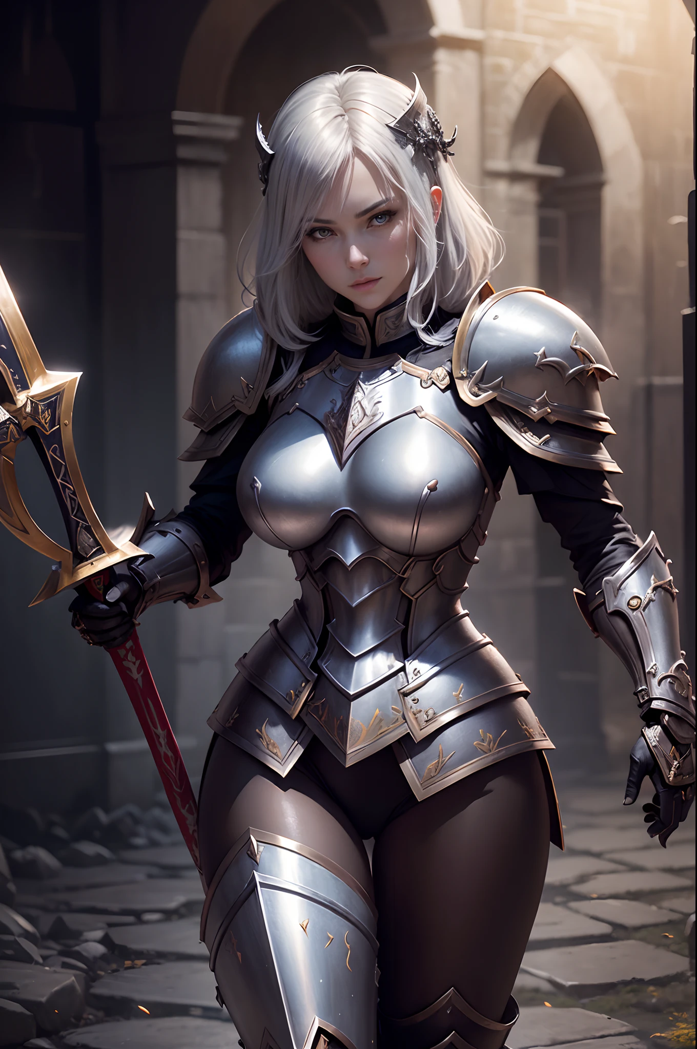 8K分辨率(full body Esbian:1.3)shots、splashart、Great cartoon style、Photorealistic and intense look、Female Holy Knight With Bewitching Short Bob Hair,Anatomical Photorealistic Digital Painting(A MILF:1.3)Human portrait(AS-Adult:1.3)Red Sacred Armor Complex(heavily armored:1.3)with the(Dark and moody universe:1.3)、light particules、highlydetailed skin、paladin、extremely detailed eye、 (Elden Ring-style:1.1)、(warhammer style:1.3)、Concept Artist、globalillumination、depth of fields、splashart、art by:ArtGerm、by Greg Rutkowsky、viktoria gavrilenko,Big Sword Details,Female Holy Knight