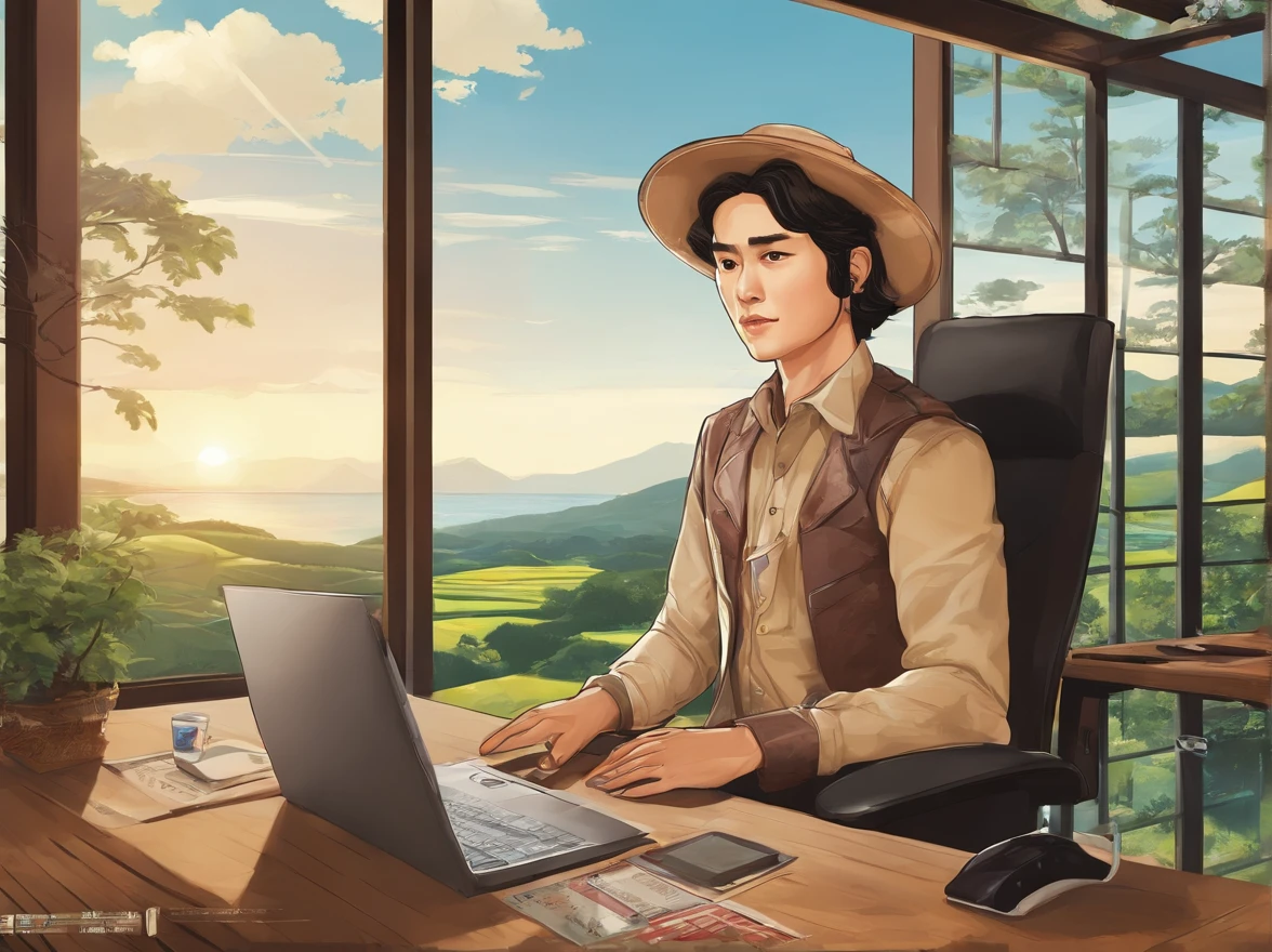 Westerner using laptop in office overlooking sea in Japan countryside、Photorealsitic