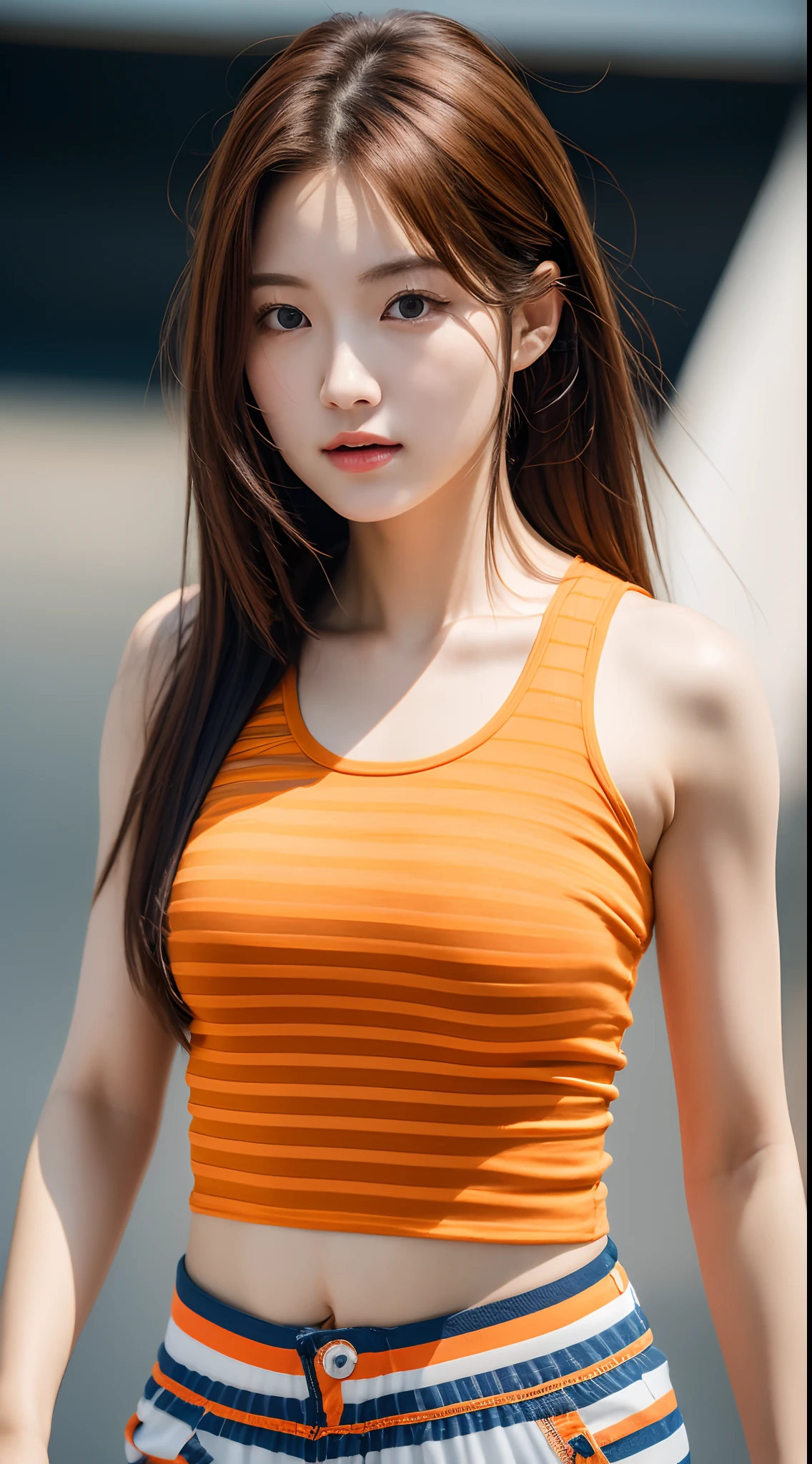 ((Realistic lighting, Best quality, 8K, Masterpiece: 1.3)), Clear focus: 1.2, 1 girl, Perfect Figure: 1.4, Slim Abs: 1.1, See through, tight clothing, ((Japanese)), (panties: 1.4), (Orange crop top: 1.4), (Outdoor, Night: 1.1), City streets, Super fine face, Fine eyes, Double eyelids,