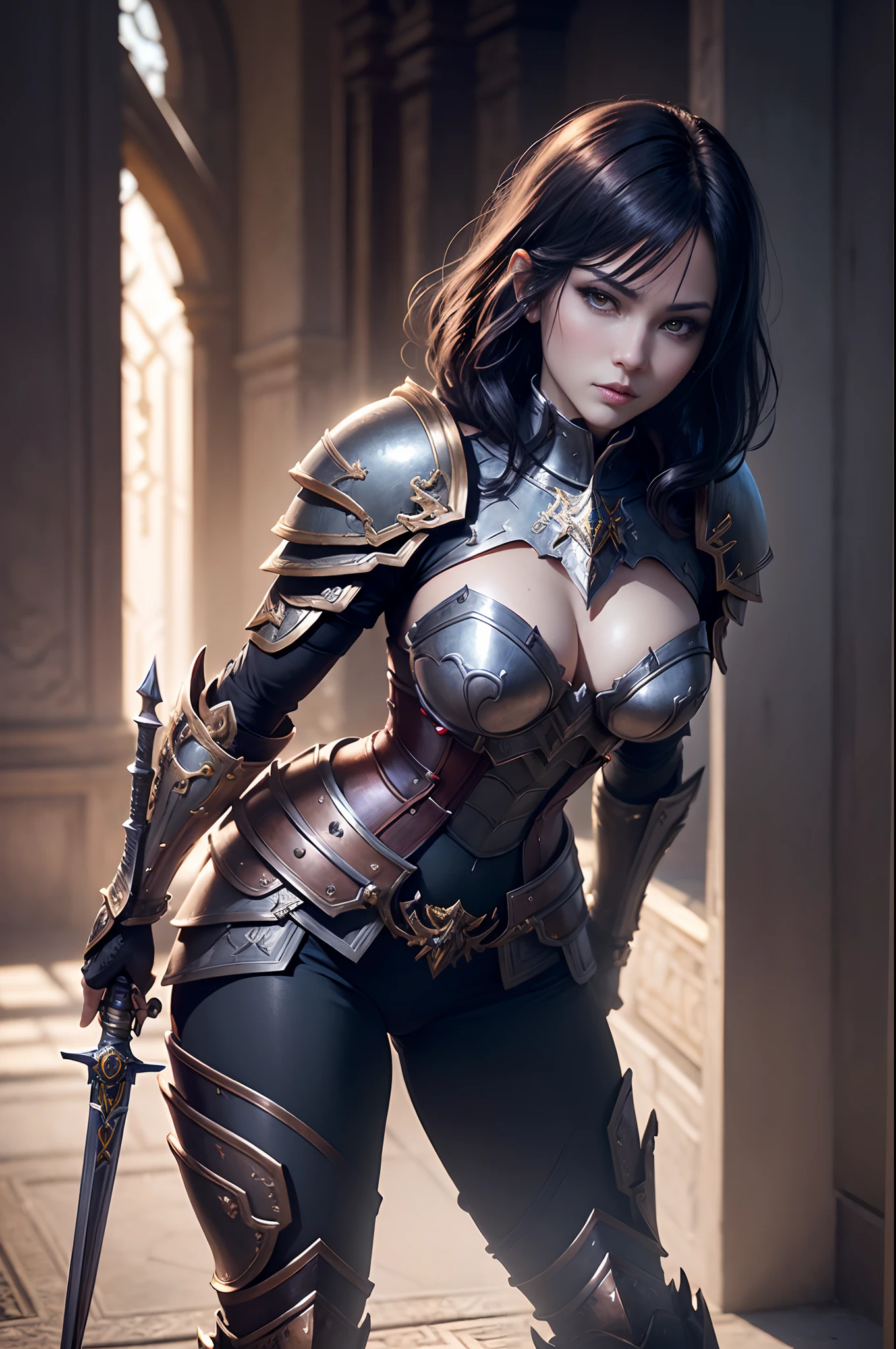 8K分辨率(full body Esbian:1.3)shots、splashart、Great cartoon style、Photorealistic and intense look、Female Holy Knight With Bewitching Short Bob Hair,Anatomical Photorealistic Digital Painting(A MILF:1.3)Human portrait(AS-Adult:1.3)Red Sacred Armor Complex(heavily armored:1.3)with the(Dark and moody universe:1.3)、light particules、highlydetailed skin、paladin、extremely detailed eye、 (Elden Ring-style:1.1)、(warhammer style:1.3)、Concept Artist、globalillumination、depth of fields、splashart、art by:ArtGerm、by Greg Rutkowsky、viktoria gavrilenko,Big Sword Details,Female Holy Knight