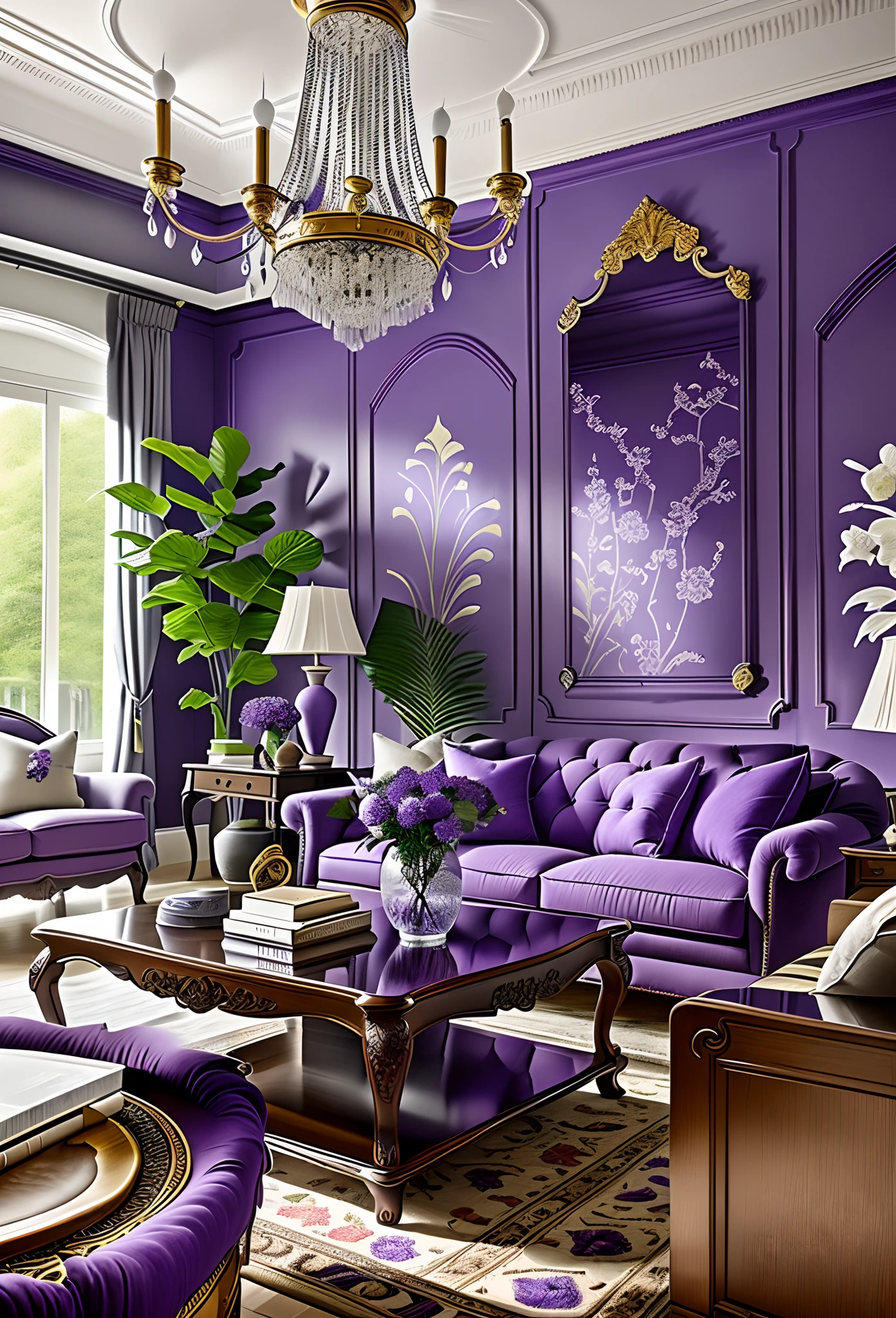 European-style living room, Interior decoration details, ( purple Violet walls), ( The furniture is coordinated in gray and wood grain colors),decorative design drawings of many potted plants and flowers --v 6