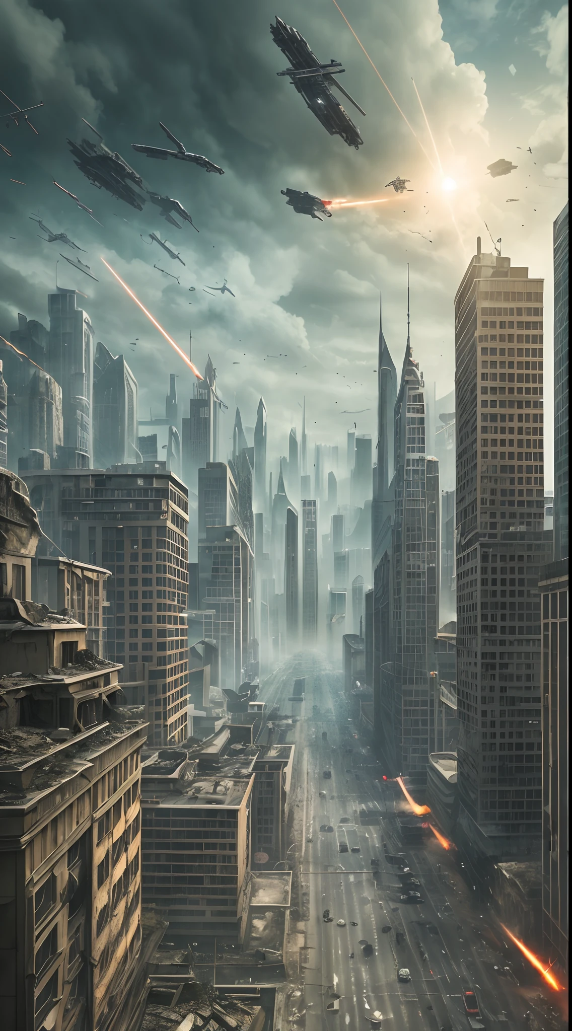 High quality, 4k, film Aliens, Alien is preparing to hunt for skulls, gloomy colors of the picture, metropolis, High quality movie, above the sky there is a very large alien monster with high detail and advanced technology in the context of a post-apocalyptic city, in the distance there are 8 other alien monsters are shooting each other with laser guns with soldiers, gloomy colors of the scene. images, ruined urban areas, ruined houses, 8K photo quality, intricate details, depth of field,
