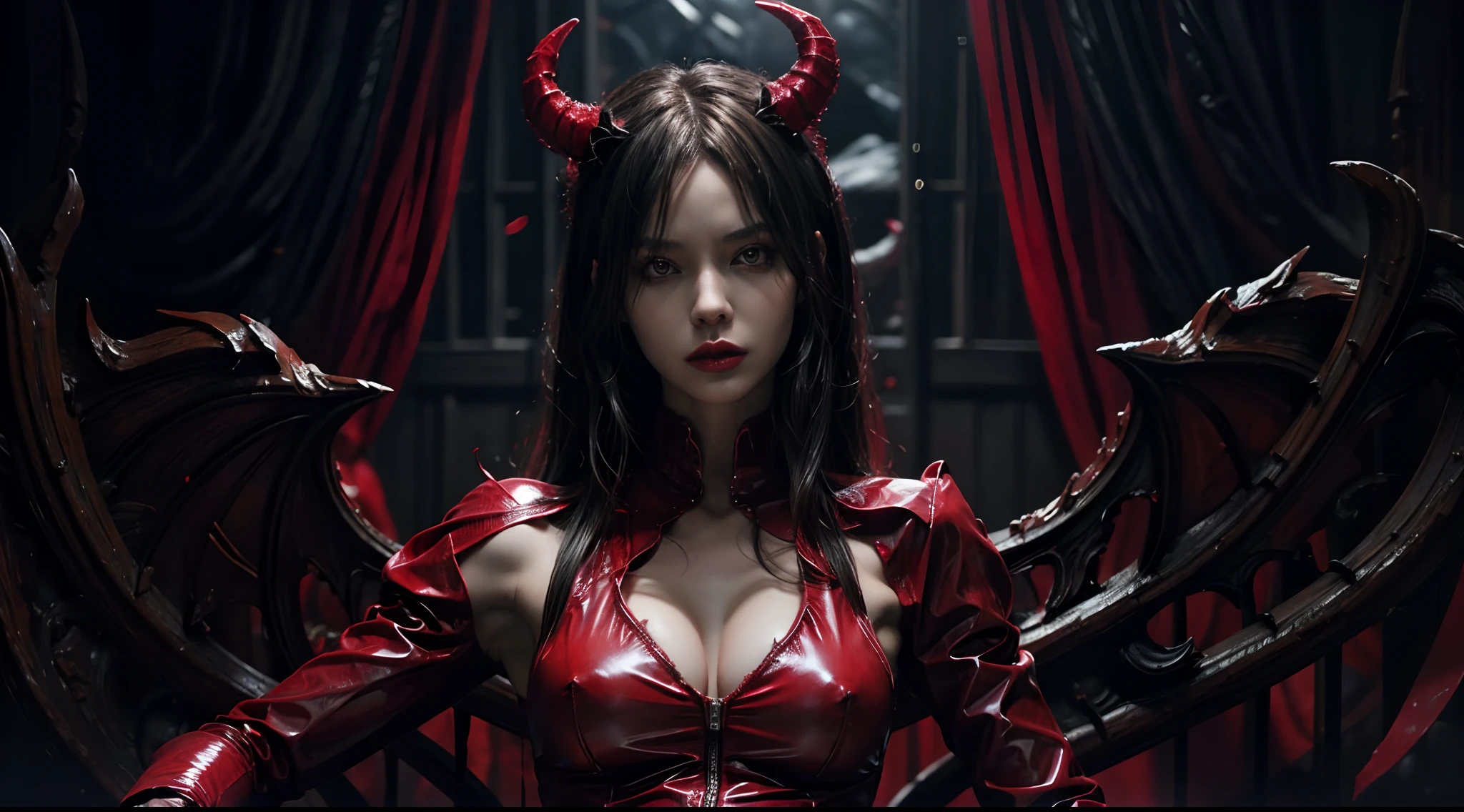 Demon woman dressed in red latex leotard standing in a dark creepy scenario, ominous background, demon woman with horns, perfect body, upper body, sensual pose, perfect face, perfect eyes, ultra detailed, photorealistic, masterpiece.