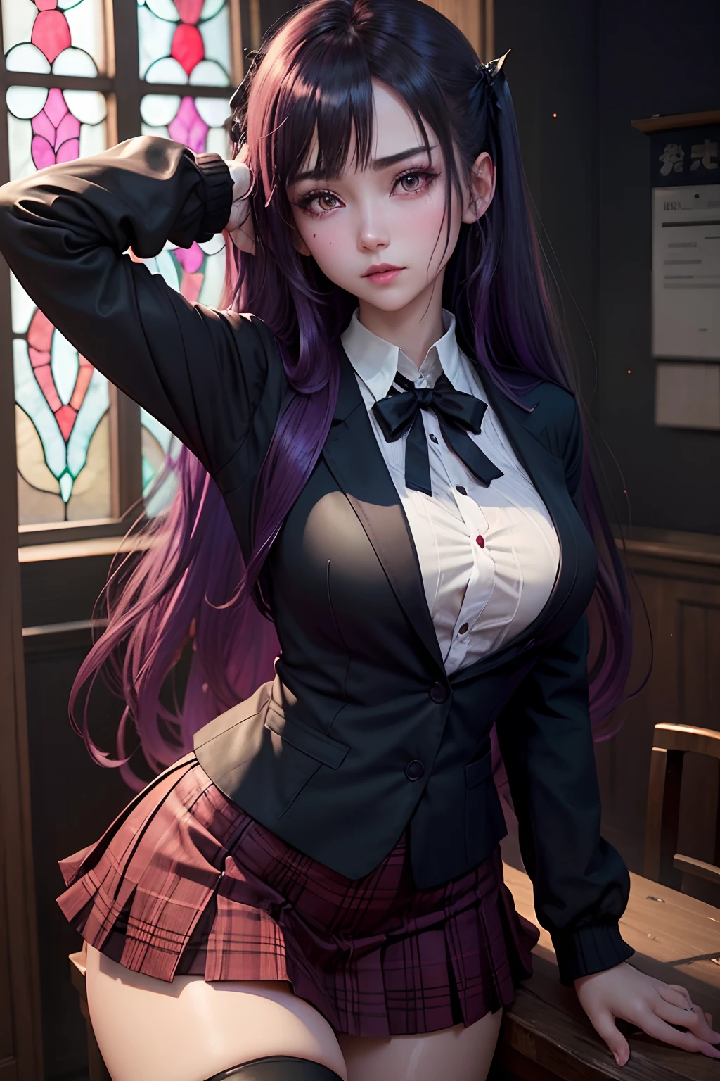 A sexy、Glamour、A slight smil、garterbelts、knee high socks、panthyhose、Beautifying the world、Unhappy、Transcendent beauty、Beautiful shape、wretched、ghosts、wraiths、Evil Spirit、Beautiful、boredom、Unusual beauty、Bewitching、Fornication、Hard Dark Gothic Makeup、twin-tail hair、Black Dark Eyeshadow、slaves、crying how bright、mourn、Sad songs、Good skin luster、Long hair straight hair、Dark Gothic Makeup、Dark smile、Expressions of sexual arousal、Fragrant beauty、age19、seductiv、look down from above、 slightly plump thighs、Strong sexual pleasure facial expressions、A look of shame、open your legs a little、Dark purple hair、masturbation、Obscene look、Stained glass background、masutepiece、Best Quality、Ultra-detailed、Refers to 5 books、Sweat glitters on my chest、Glitter of sweat on your face、Glitter of sweat on your thighs、Deep hands in the crotch and panting expression、Expression of sexual pleasure in anguish、Sweating profusely、Drunken face、Nasty Woman、stain glass、white long sleeved blouse、Schoolgirl Long Sleeve Blazer、High school girl uniform、Red checked skirt、JK style、jaket、to stand、