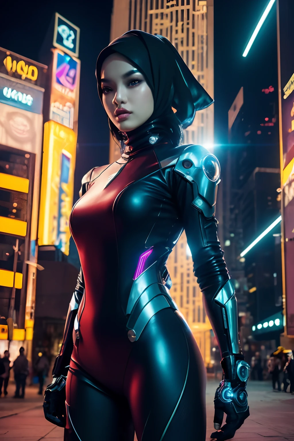 cyber punk malay Girl in hijab,(top-quality、8K、32K、​masterpiece)、(The ultra -The high-definition)、(Photorealsitic:1.4), dynamic pose, cowboy shot, cyberpunk fashion,depth of fields, cyberpunk city background, cinematic lighting.