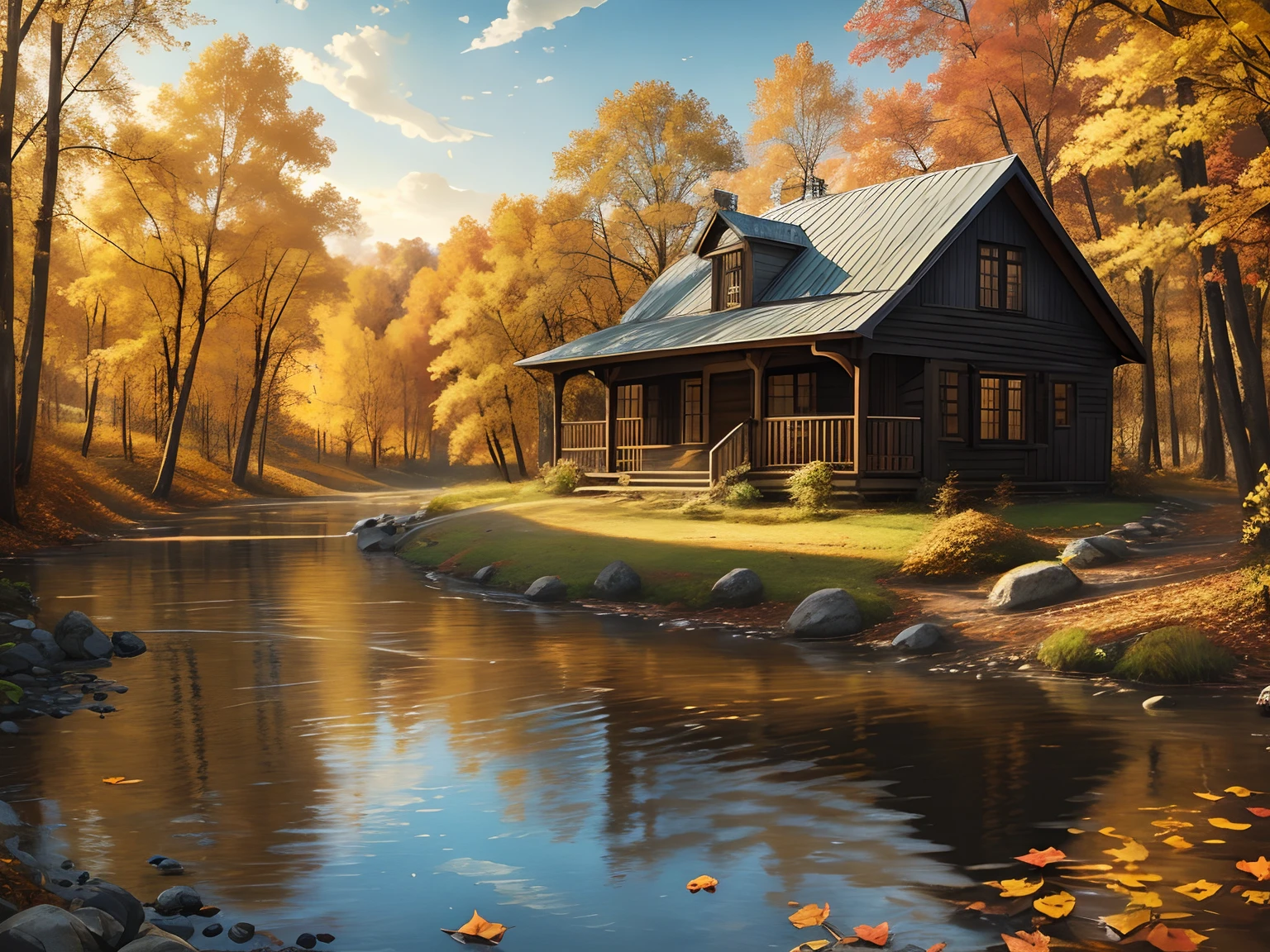 A house on the bank of a forest river, photo realism, Golden Autumn