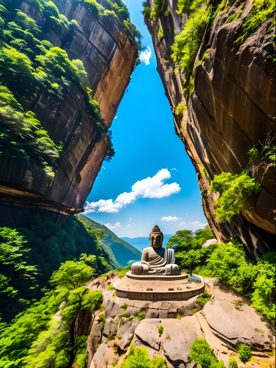 Giant weathered buddha statue by a rock cliff, grandiose, blue sky, view from air