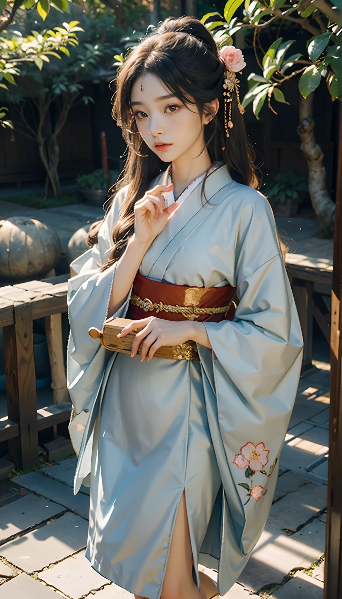 meticulous portrayal of face，1 noblewoman，(Hairpins)，(Camellia kimono)，(Long flowing colored hair)，Simple and elegant Japanese clothing，Collar，(black sock+，clogs)， s the perfect face， perfect hand， Perfect Finger， Perfect lips， perfect  eyes，Extremely normal body，Ancient Japanese town background，Perfect background