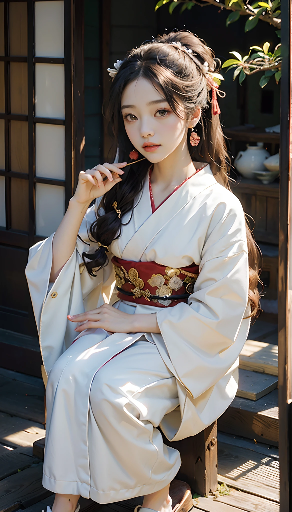 meticulous portrayal of face,1 noblewoman,(Hairpins),(Camellia kimono),(Long flowing colored hair),Simple and elegant Japanese clothing,Collar,(black sock+,clogs), s the perfect face, perfect hand, Perfect Finger, Perfect lips, perfect eyes,Extremely normal body,Ancient Japanese town background,Perfect background