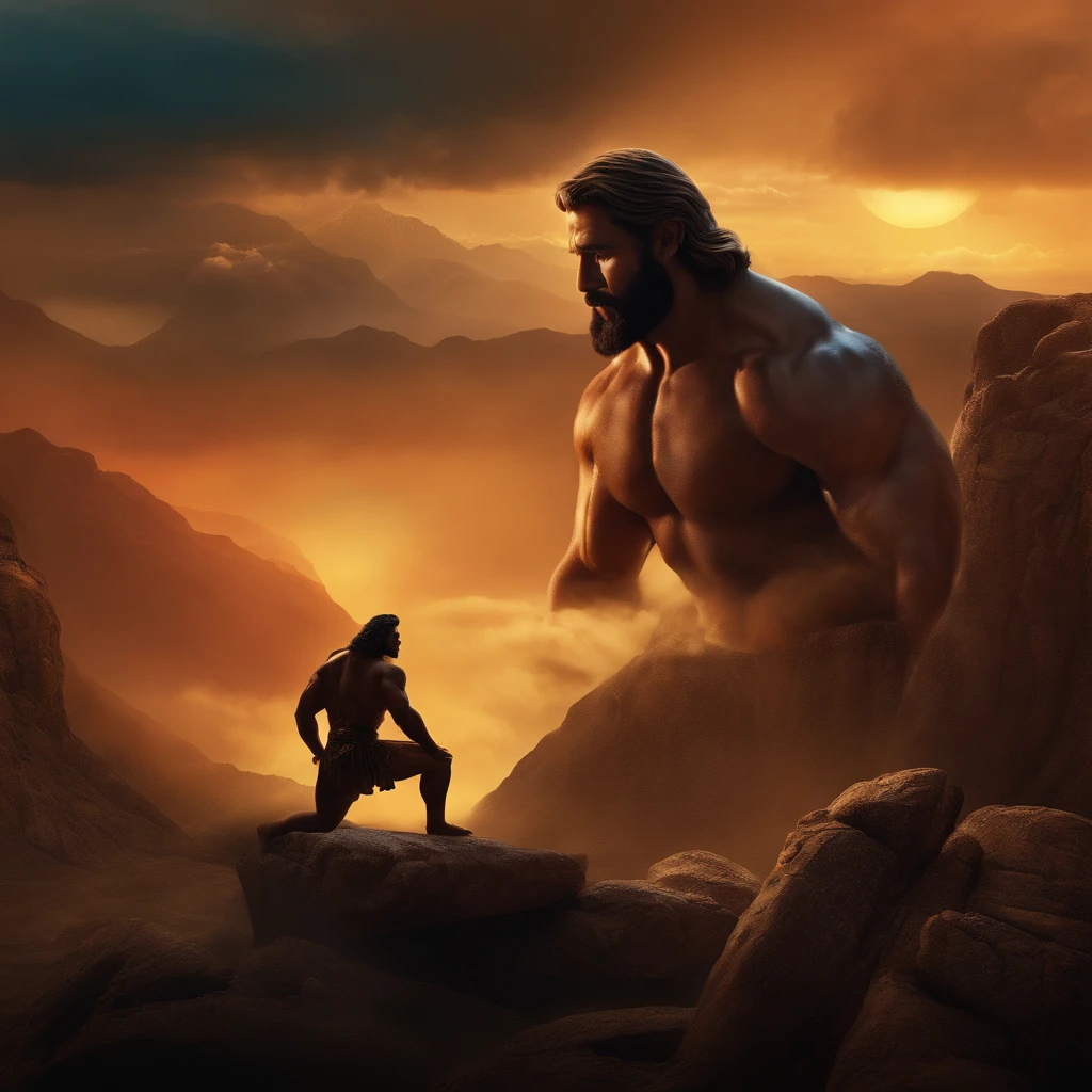 Hercules face to face with Prometheus rescue from the chains, the spectacular Mount Olympus in the background, I'm here to rescue him from Zeus' punishment.