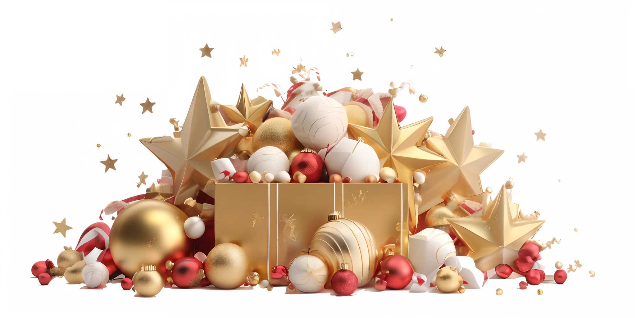 There are many Christmas decorations on a white background, gold decorations, high-quality render, ornamentos dourados, holiday season, Natal, photo rendering, gold decoration, 3 d product render, 8 k octanerender, iStock, Renderização 3D 8K Octane, decorations, imagem de alta qualidade, renderizar 8 k, renderizar 8k, 3 d illustration, 3 d illustration
