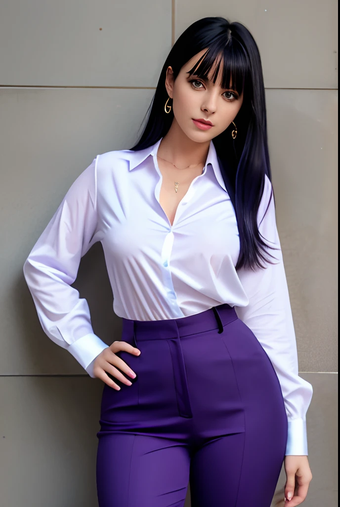 woman, black hair with bangs, blue eyes, thin nose, thick full lips, arched eyebrow, large breasts, very thin waist, wide hips, sensual body, lilac long sleeve button down shirt and neckline, purple pants, sensual blue eyes, serious look, deep eyes, attractive look, blue eyes, full body