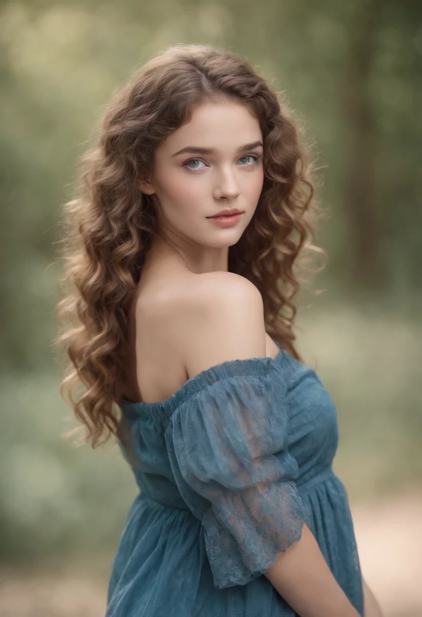 "Full body portrait of a charming girl with curly hair, petite figure, beautiful face, captivating blue eyes, and modest bust size, showcasing her natural beauty."