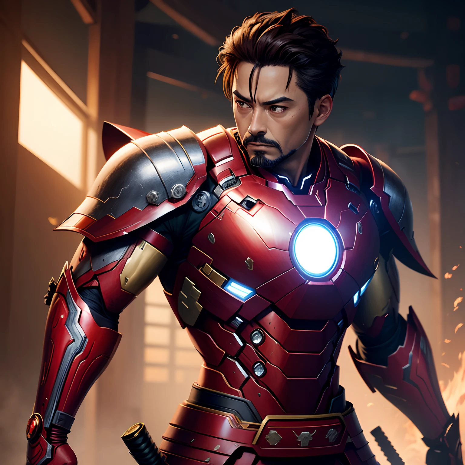 iron man ,samurai style, samurai costume, with two katanas, realist, 8k.