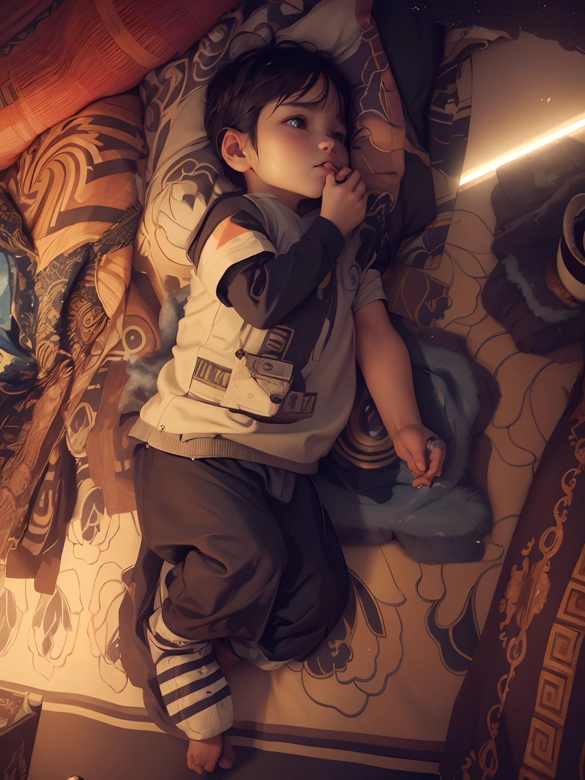 dark-skinned sleeping, muitos detalhes, roupa azul, cama branca, estrelas, lua, quarto iluminado