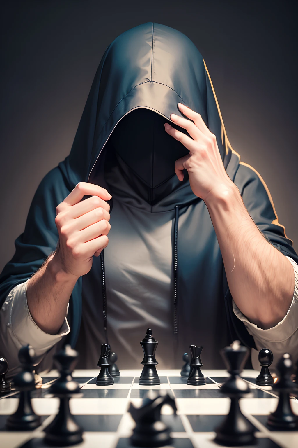 faceless hooded man playing on a chessboard