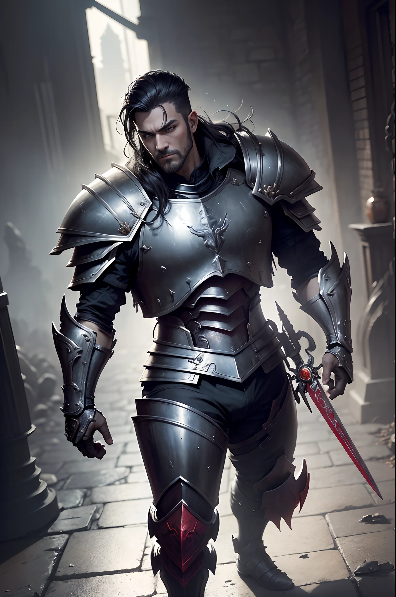 8K分辨率(full body Esbian:1.3)shots、splashart、Great cartoon style、Photorealistic and intense look、Male knight with fearless face,Anatomical Photorealistic Digital Painting(Adult male:1.3)Human portrait(AS-Adult:1.3)Black and silver complex(heavily armored:1.3)with  the(Dark and moody universe:1.3)、light particules、highlydetailed skin、knights、extremely detailed eye、 (Elden Ring-style:1.1)、(warhammer style:1.3)、Concept Artist、globalillumination、depth of fields、splashart、art by:ArtGerm、by Greg Rutkowsky、viktoria gavrilenko,Big Sword Details,Male Knight