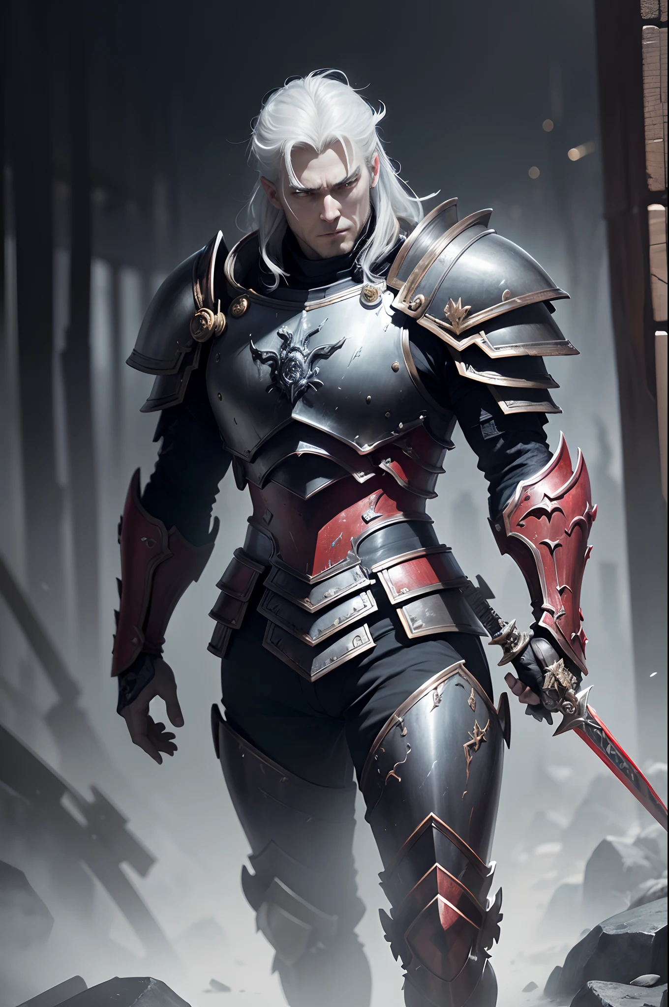 Boys in 8K resolution(full body Esbian:1.3)shots、splashart、Fantastic cartoon style、Photorealistic and adult male appearance、Anatomical Photorealistic Digital Painting(shoun:1.3)Portrait of an adult man(shoun:1.3)Red and black complex(heavily armored:1.3)And white short-cut hair(Dark and moody universe:1.3)、Black clothe,light particules、highlydetailed skin、Demon Slayer、extremely detailed eye、 (Elden Ring-style:1.1)、(warhammer style:1.3)、Concept Artist、globalillumination、depth of fields、splashart、art by:artgerm、by Greg Rutkowsky、viktoria gavrilenko,Has a very large sword