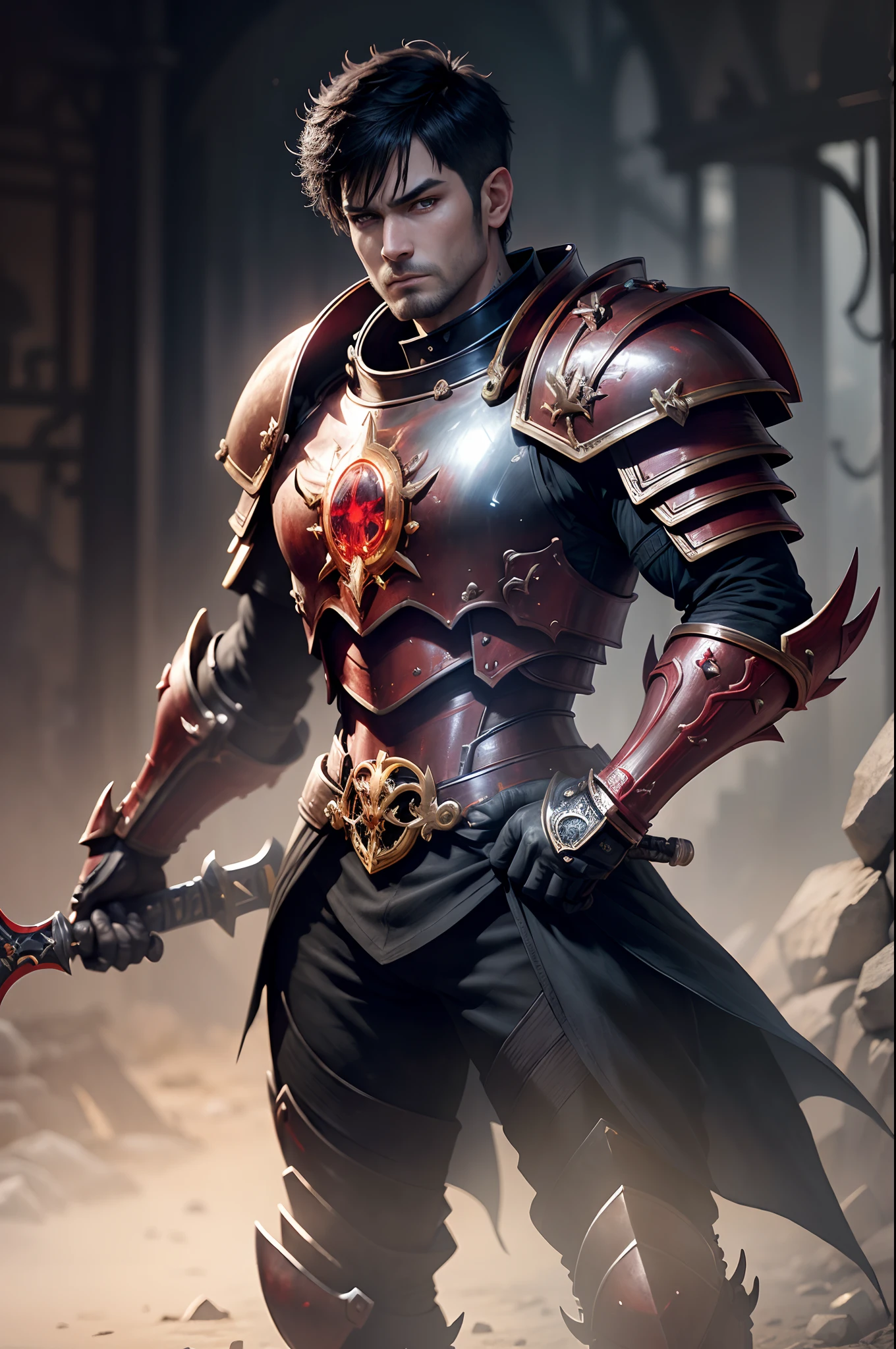 8K分辨率(full body Esbian:1.3)shots、splashart、Great cartoon style、Photorealistic and intense look、Male knight with fearless face,Anatomical Photorealistic Digital Painting(Adult male:1.3)Human portrait(AS-Adult:1.3)Black and silver complex(heavily armored:1.3)with  the(Dark and moody universe:1.3)、light particules、highlydetailed skin、knights、extremely detailed eye、 (Elden Ring-style:1.1)、(warhammer style:1.3)、Concept Artist、globalillumination、depth of fields、splashart、art by:ArtGerm、by Greg Rutkowsky、viktoria gavrilenko,Big Sword Details,Male Knight