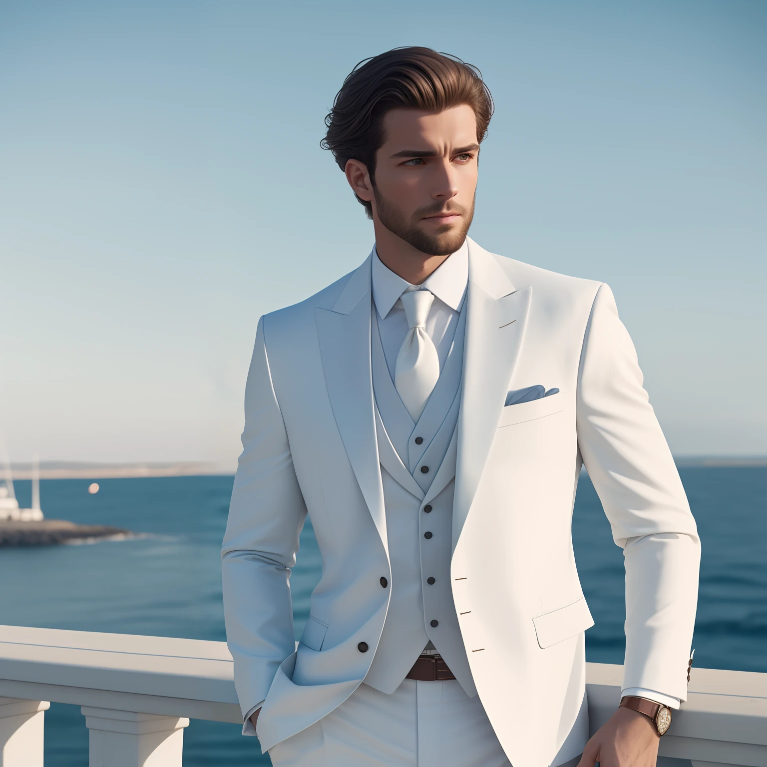 (Wear white,Wear a jacket and tie) | (An elegant young man in mature formal wear), (lbeard),Seaside cinematic sense 8K