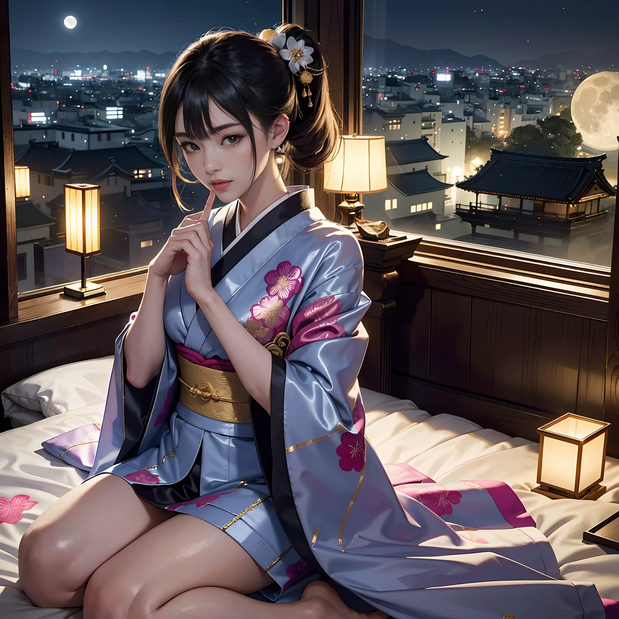 Detailed background(luxury hotel(Night view of Kyoto outside the window,a moon)),Lying in bed,BREAK,elaborate costume{Luxury kimono(Colorful kimono(detailed embroidery,))}、1girl in(Japanese Idol(actress):1.2)(face perfect:1.2),Depicting a beautiful and classy adult woman,glossy dark hair(poneyTail),Heart in the eye, Wallpapers 16K,Blur the background with a sickle,((masutepiece)), ((Best Quality)),{{a portrait photo of}},full body Esbian