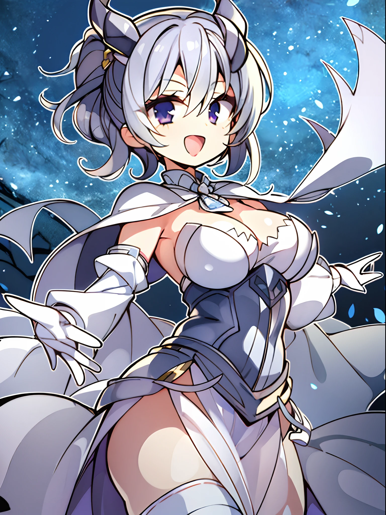 1girl in, Medium chest, Silver Shorthair, Silvery horns,  White Dress, white cape, bulging sleeves, White Gloves, white stockings, Silver Corset, White long skirt, big eye, 
Smile, Open mouth, 
Night, (Silver Castle Background), 
Cowboy Shot, Dynamic Angle, Dynamic Pose, 
​masterpiece, Best Quality, anime illustrated, Cowboy Shot, depth of fields,
(Chibi:1.2),