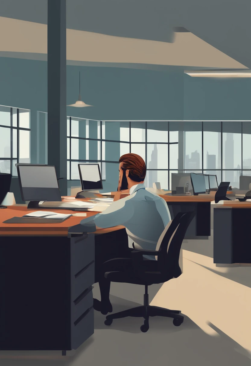 A sad person, close to collapse, in the workplace. The image should show a sad person in an office, with a despondent facial expression.